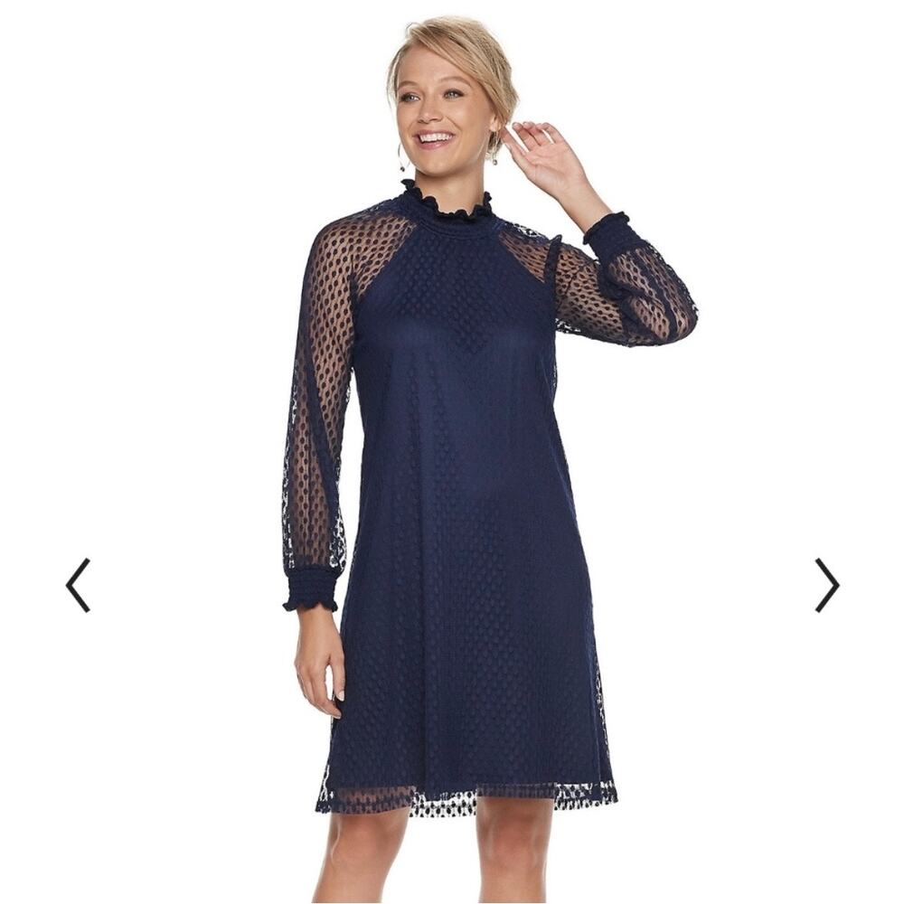 Nina Leonard Navy Textured Long-Sleeve Shift Dress
